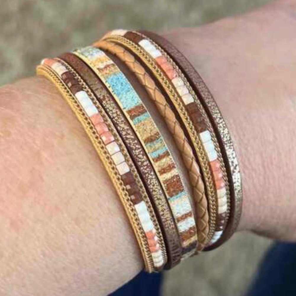Boho Vegan Leather Multicolor Beads Magnetic Closure Bracelet